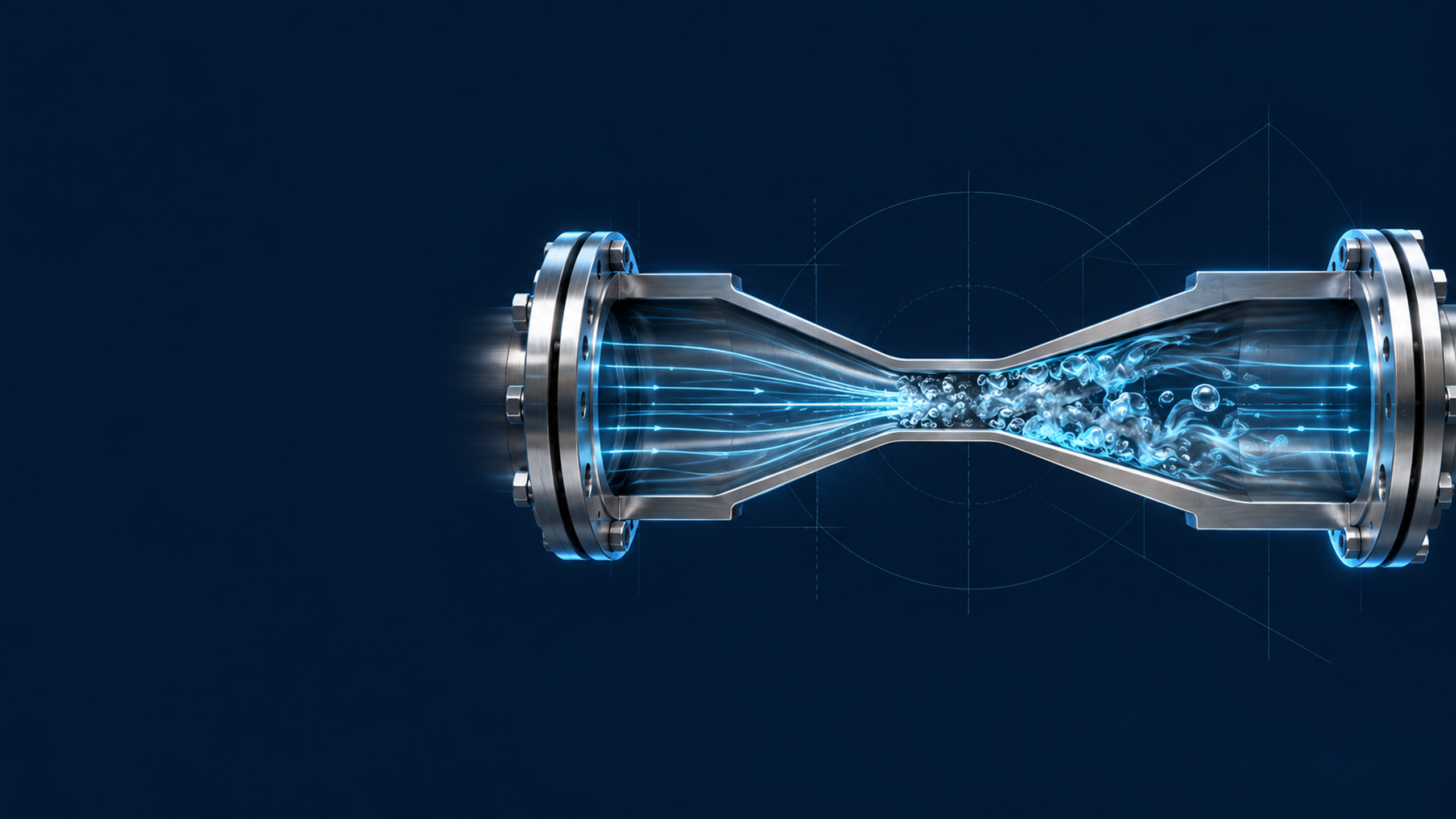 A precise cutaway Venturi nozzle with an orifice insert and clean flow streamlines, localized cavity cloud and faint construction lines