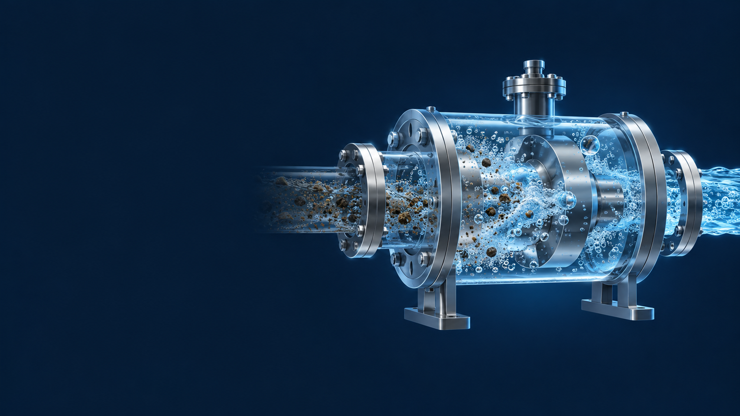 A compact transparent industrial water-treatment flow reactor, suspended particles dispersing around controlled cavitation bubbles and clear cool blue outflow.