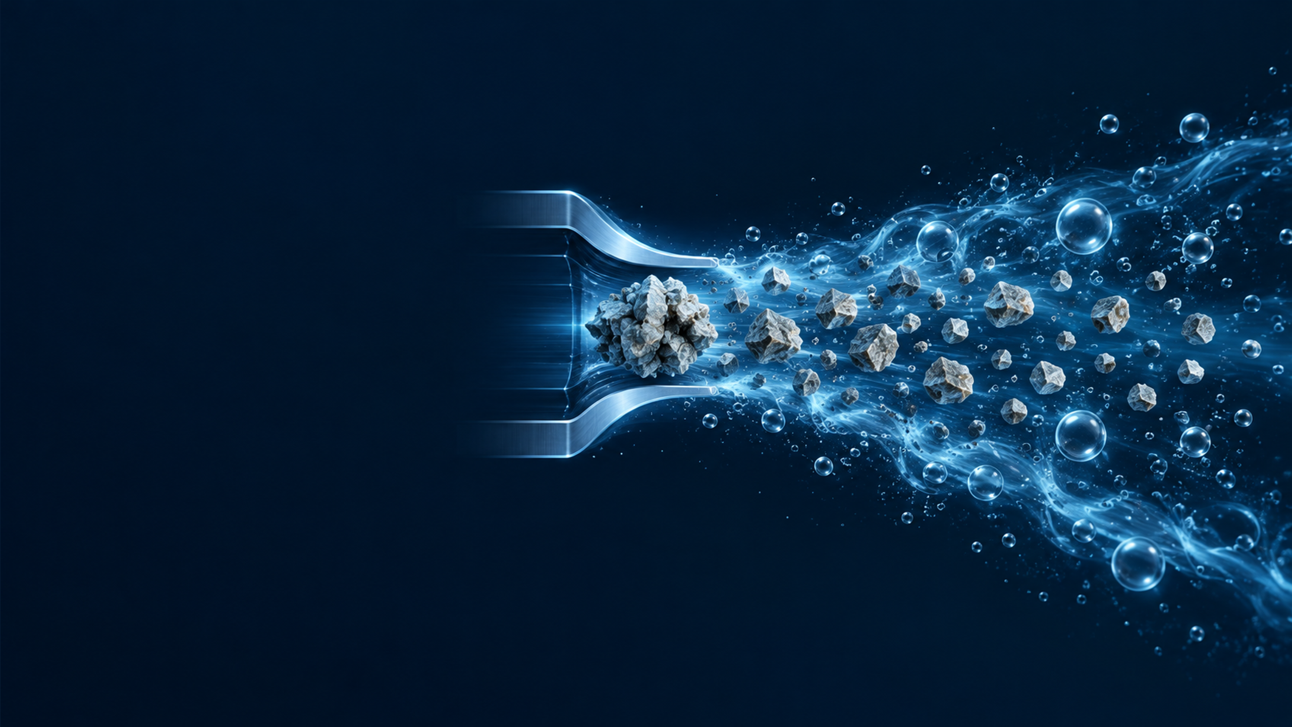 A small cluster of mineral particles separating into evenly dispersed individual particles within a controlled liquid jet and fine bubble cloud.
