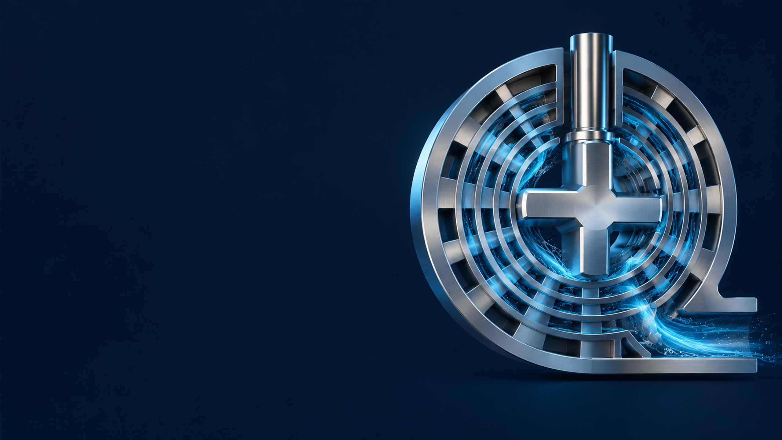 A mechanically plausible stainless steel toothed rotor nested inside a slotted cylindrical stator in a clean cutaway view with thin liquid-flow wisps around the clearance.