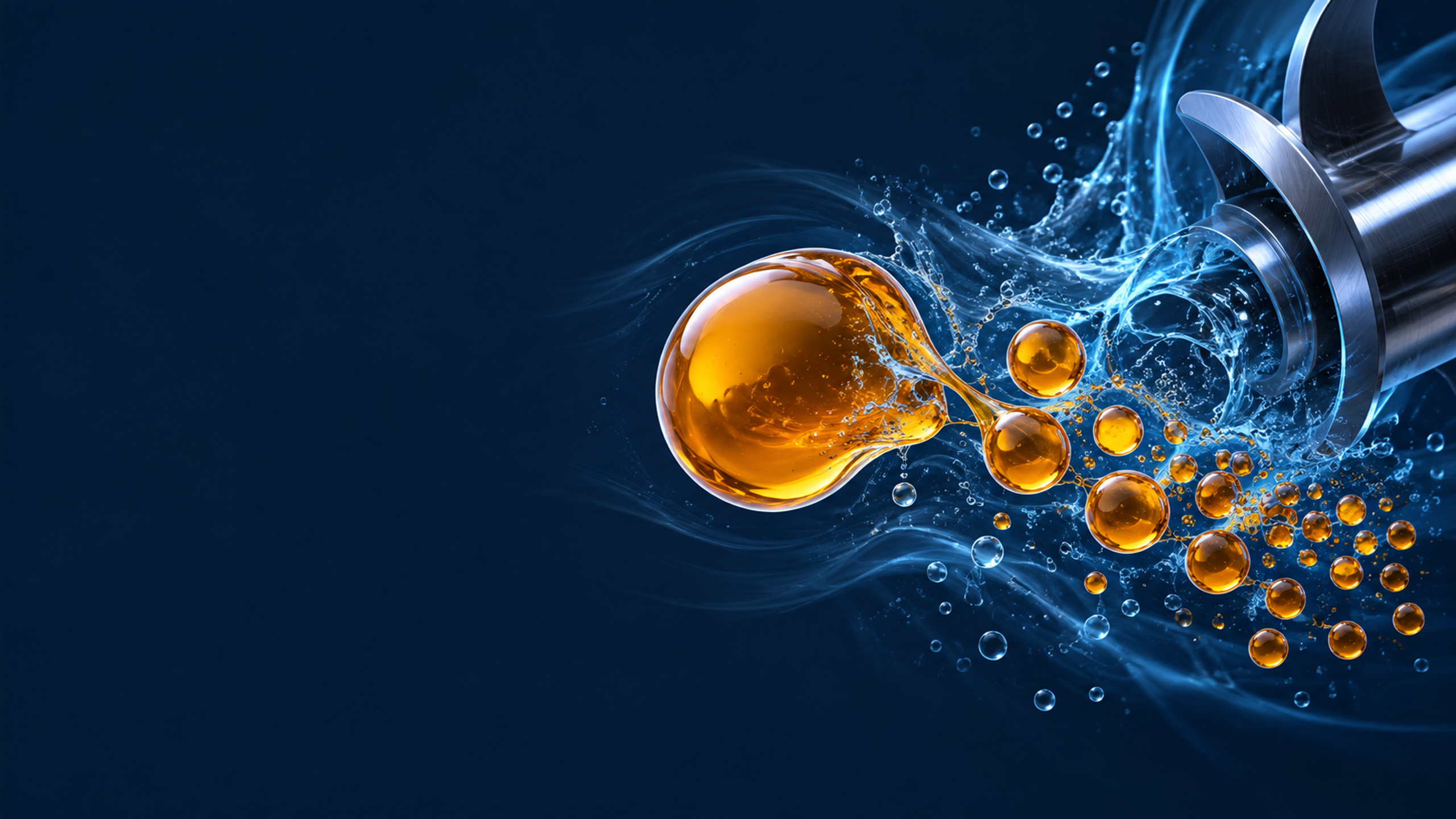 A translucent amber oil droplet divided into many smaller spherical droplets in blue liquid beside a restrained cutaway high-shear rotor edge.