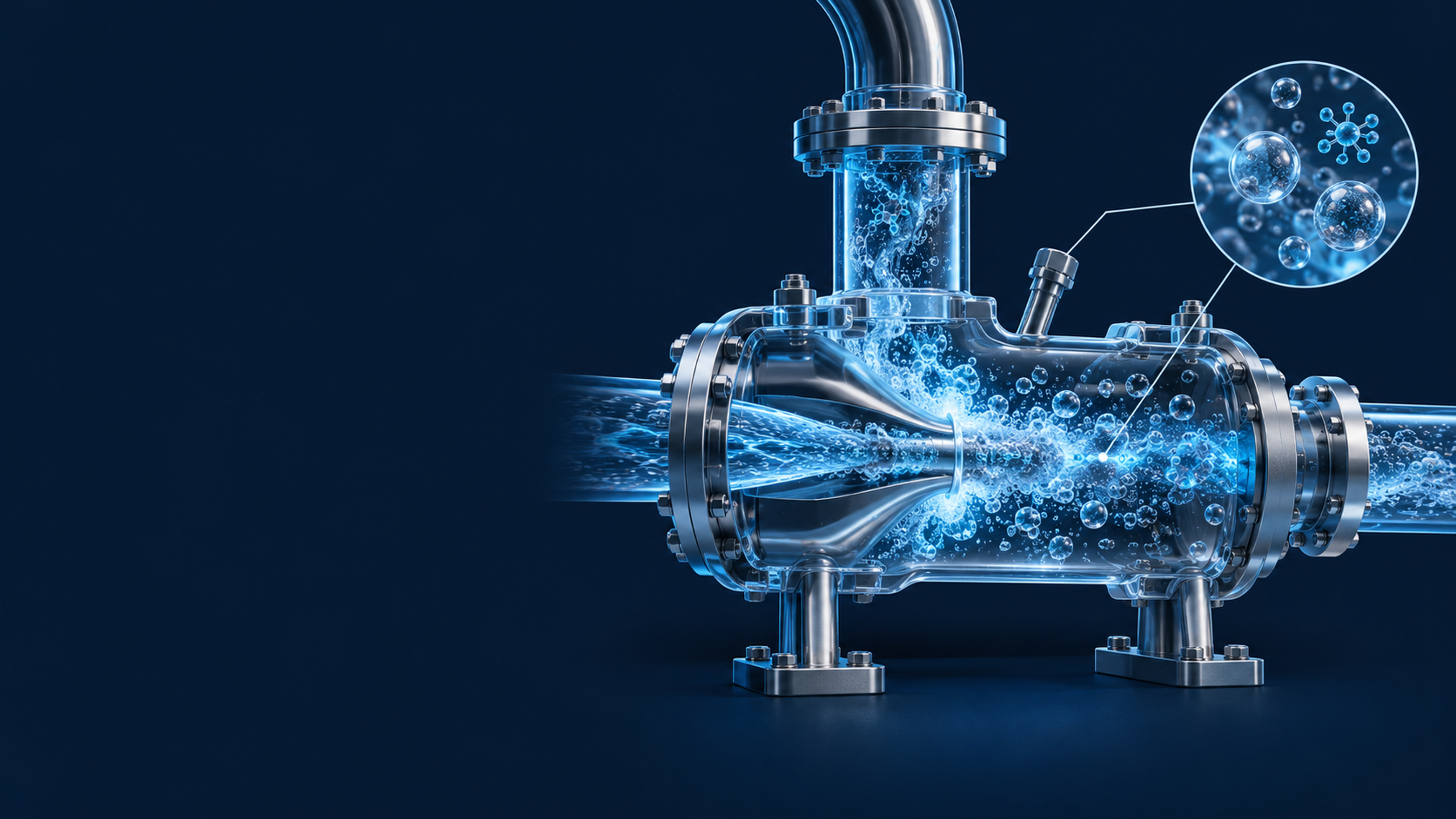 An advanced transparent liquid-flow reactor with controlled cavitation bubbles and subtle molecular or nanoscale motifs, evoking future process engineering.