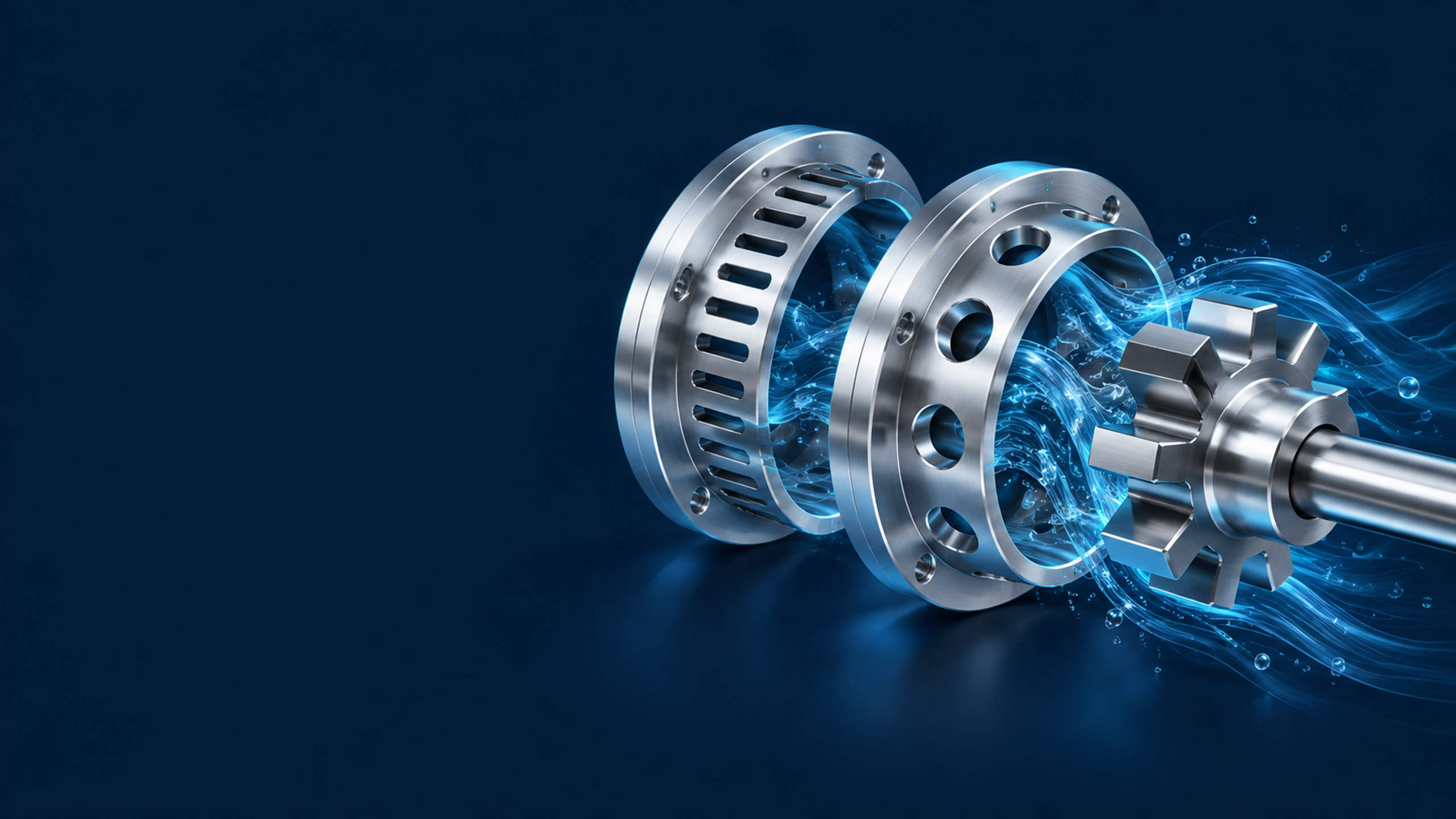 Two precisely machined stainless steel stator rings with different perforation and slot geometries beside a matching toothed rotor