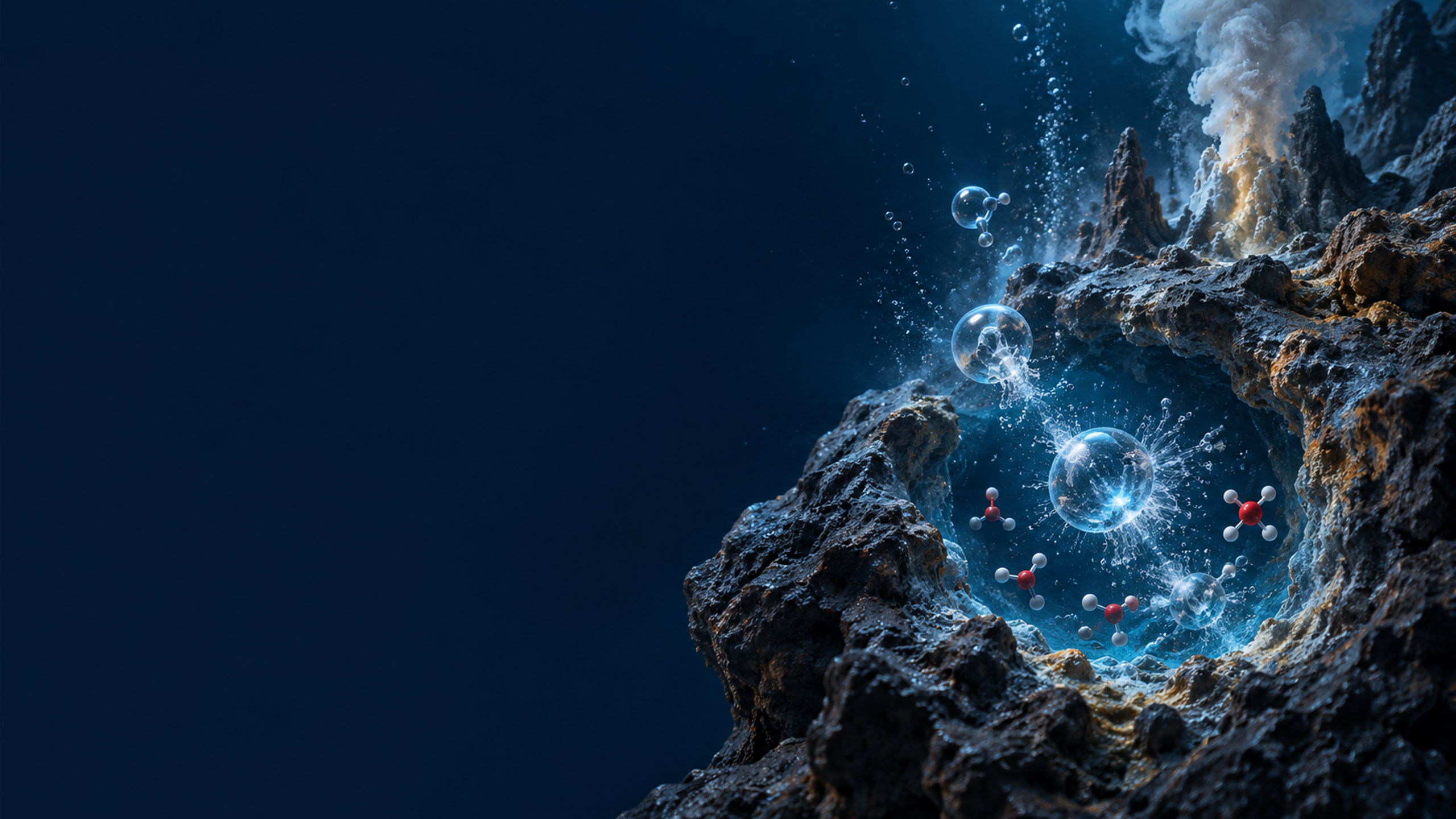 A conceptual early-Earth underwater mineral pore near a hydrothermal vent, with a few luminous collapsing bubbles and simple molecular forms in dark water