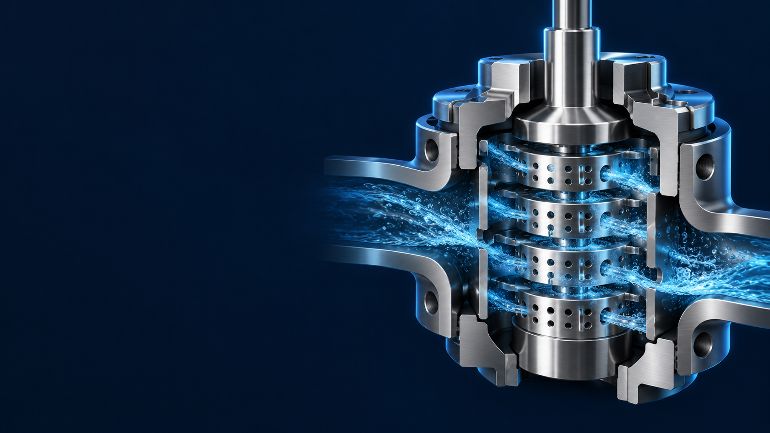 A precise industrial control-valve cutaway with a multi-stage perforated trim stack, restrained blue liquid streams and small cavities confined within staged passages.