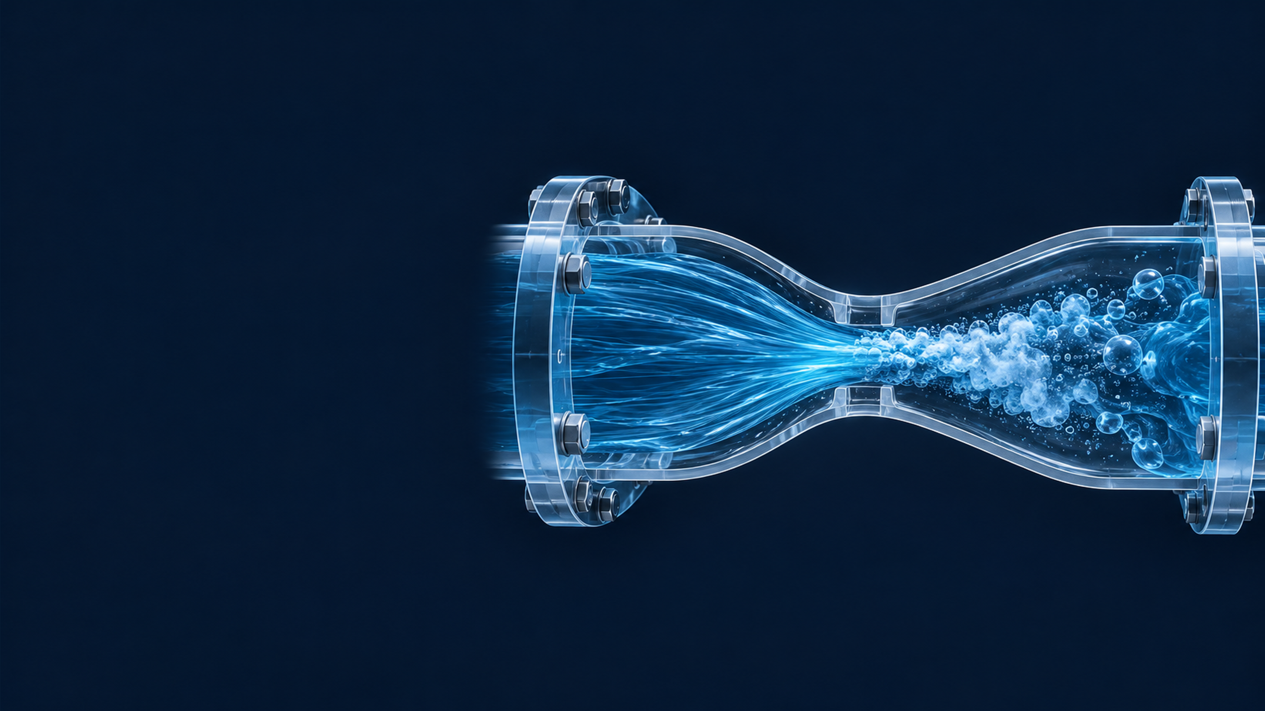 A precise transparent cutaway Venturi passage, flowing blue liquid accelerating through its throat and forming a small downstream cloud of vapor cavities.
