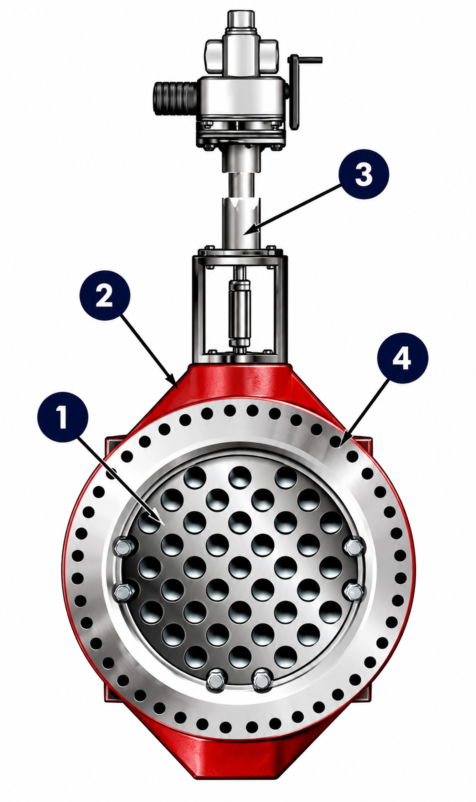 Figure 30. Ross Model MOV valve and numbered key features. 1 Two hardened stainless steel plates with custom designed orifices direct water to center of downstream pipe, safely dissipating energy. 2 Rugged construction throughout with heavy-duty shafts, bearing guides and seals. 3 Available automated or manual controls. 4 Narrow profile “space saving” design