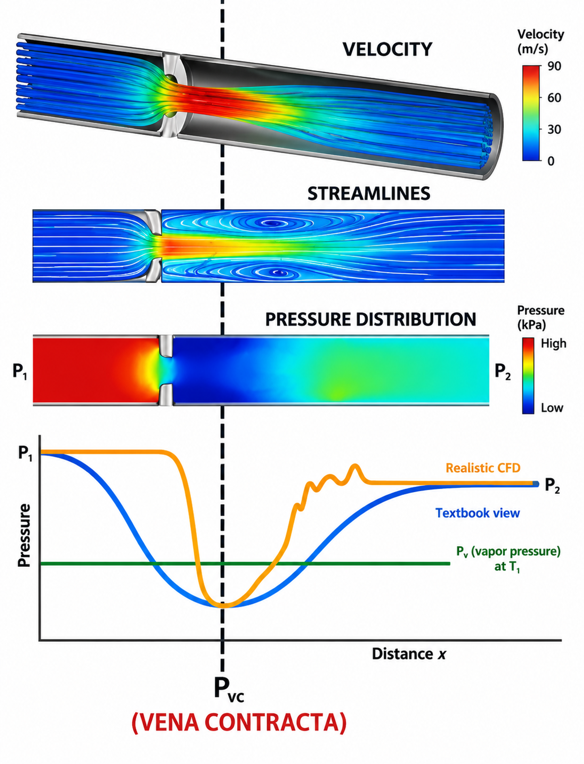 Figure 5. Mean pressure, local velocity, streamlines, and a CFD based pressure trace near a restriction