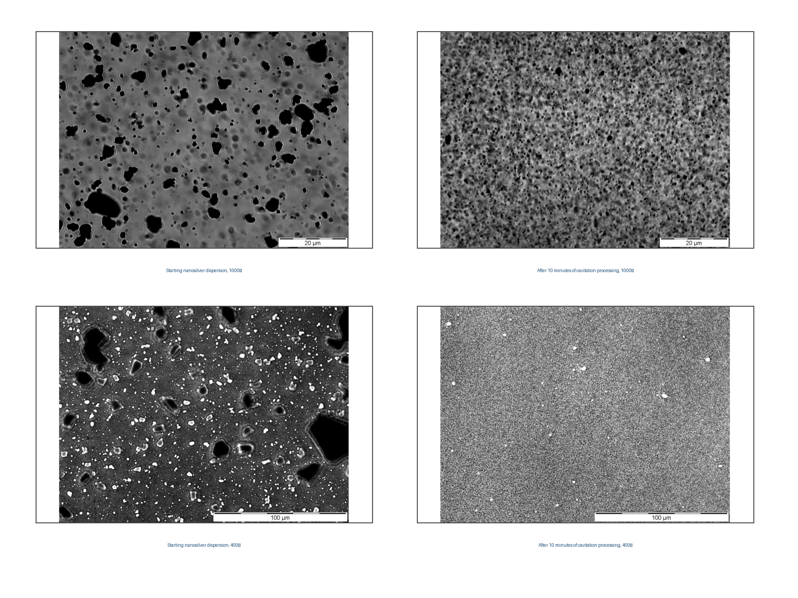 Figure 8.4. Nanosilver dispersion before and after 10 minutes of cavitation processing at 1000× and 400× magnification