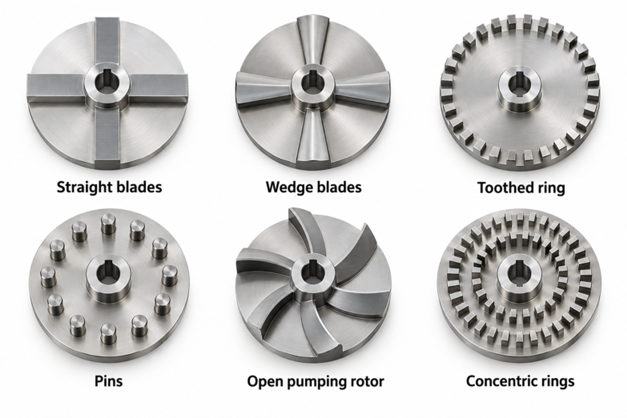Figure 7.1. Representative rotor types shown schematically in plain view. Differences in blades, teeth, pins, and active radii affect pumping action and interaction with the stator