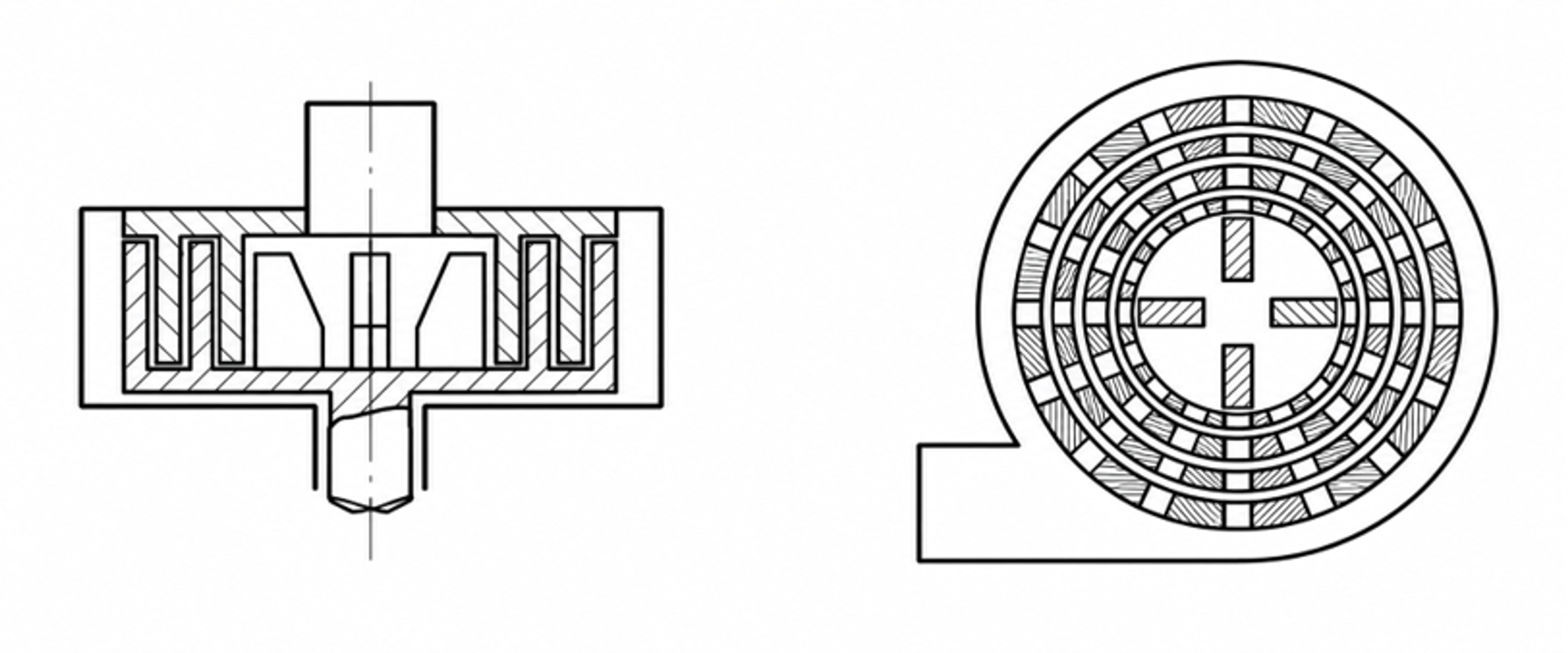 Figure 8.1. Concentric rotor-stator pair shown in sectional and plan views. Simplified illustrative reconstruction based on a rotor-pulsation design