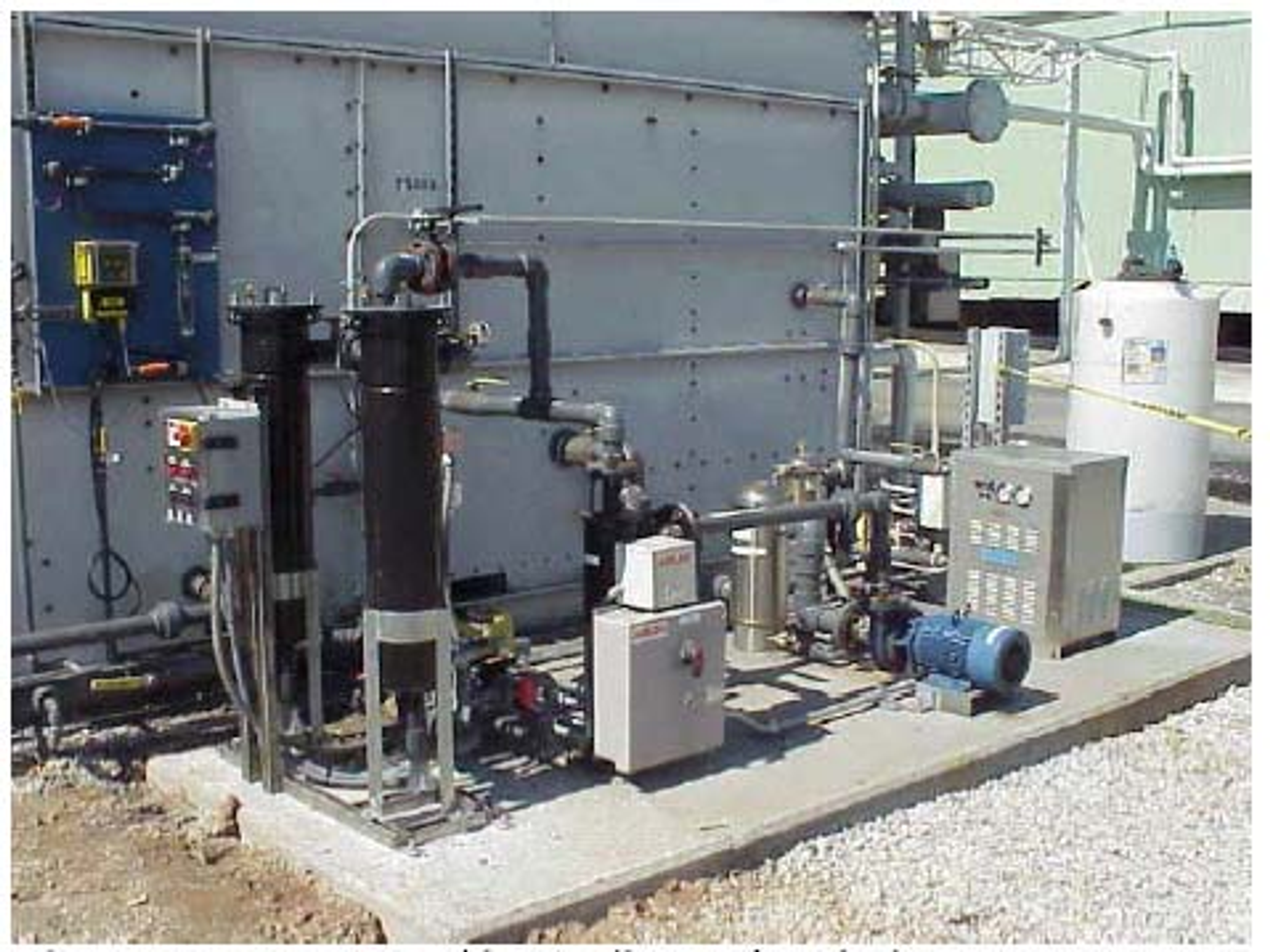 Figure 3.2. Field installed hydrodynamic cavitation cooling water skid with pumps, cavitation unit, cyclone, bag filtration, controls, and piping