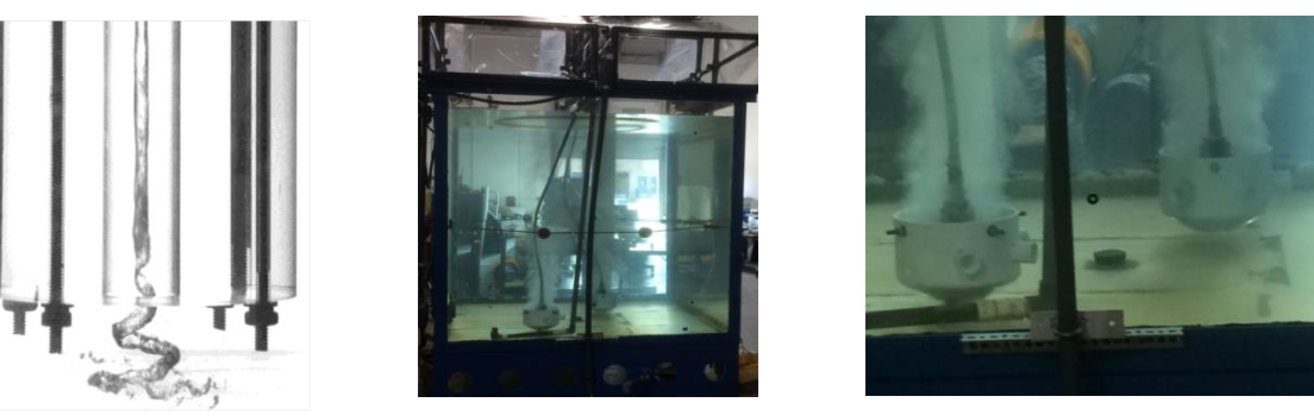 Figure 5.2. Vortex cavitation core, large test tank, and submerged cavitating bubble generators used in oil recovery experiments