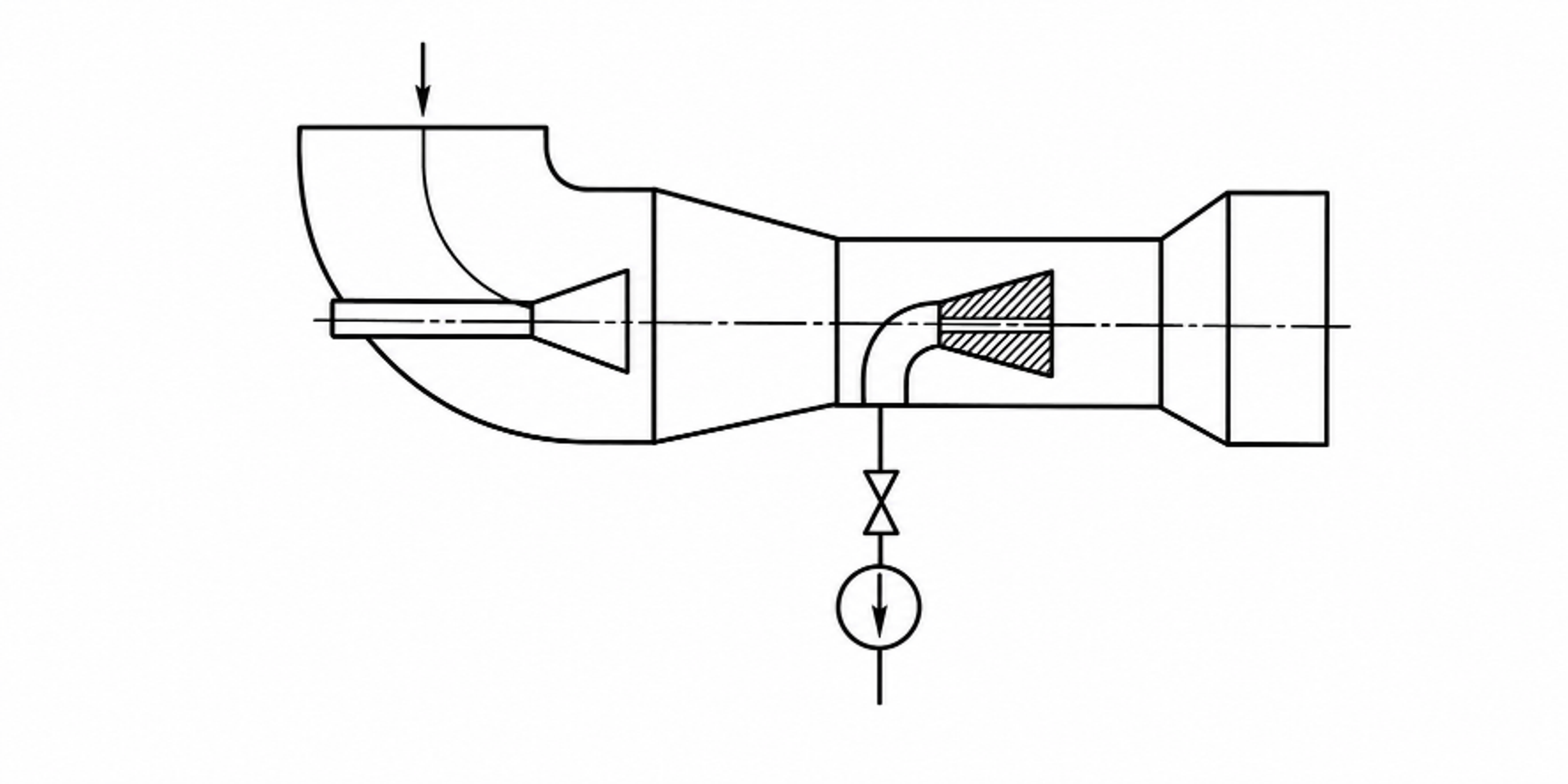 Figure 6.3. Hydrodynamic liquid degassing apparatus with a cavitation element, vacuum gas withdrawal, and diffuser