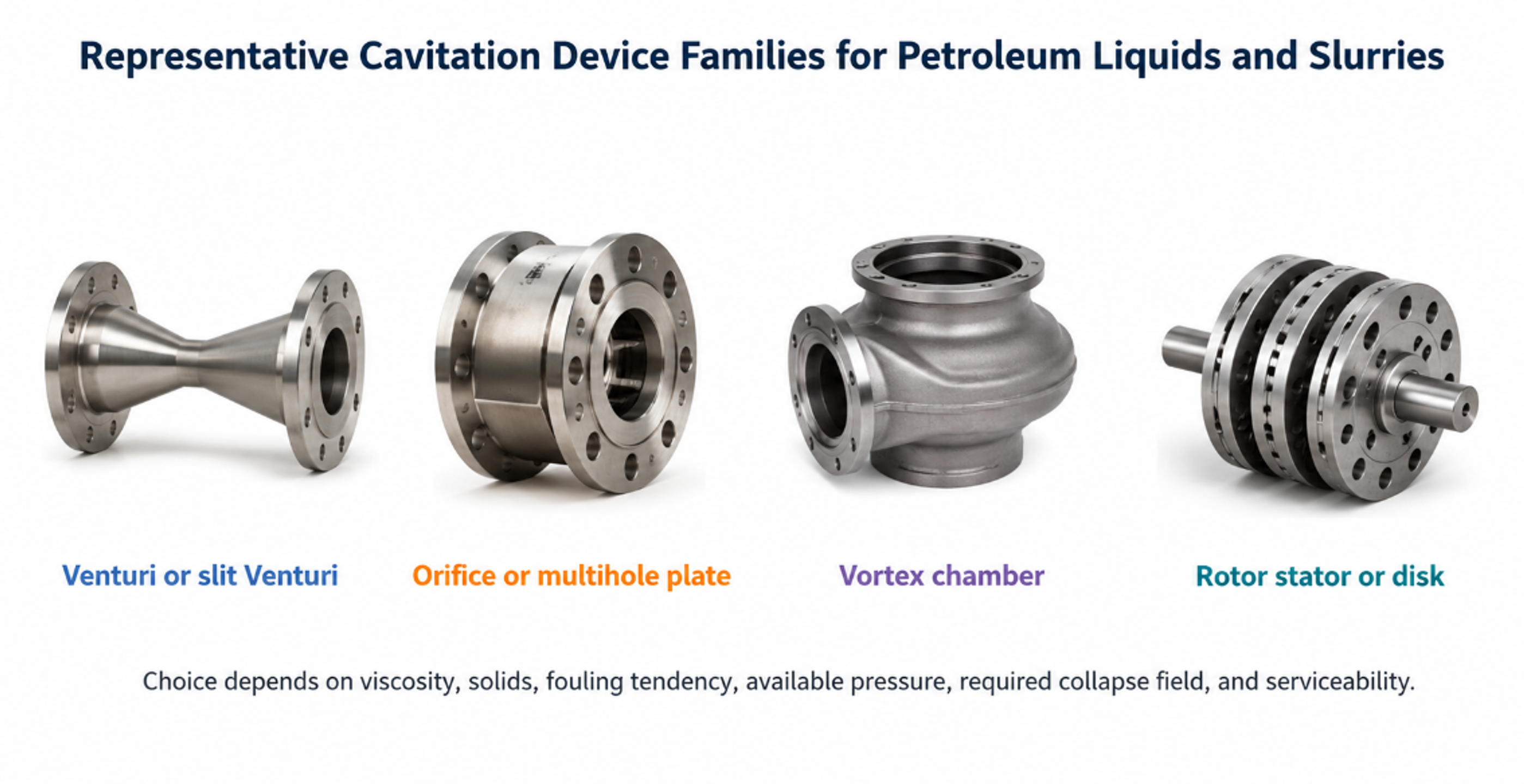 Figure 8.1. Representative cavitation device families for petroleum liquids and slurries