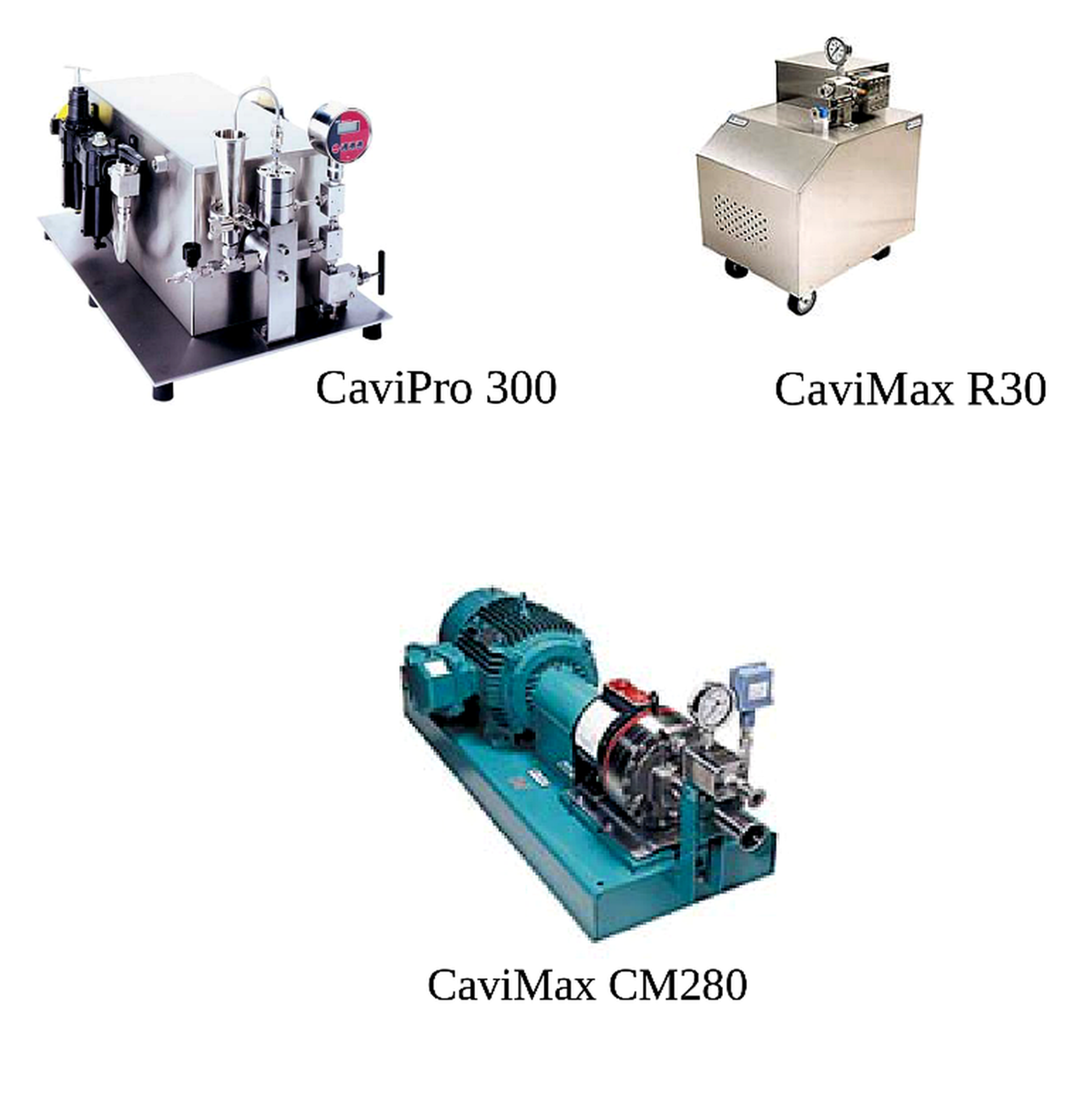 Figure 3.1. Laboratory and production scale cavitation equipment: CaviPro 300, CaviMax R30, and CaviMax CM280