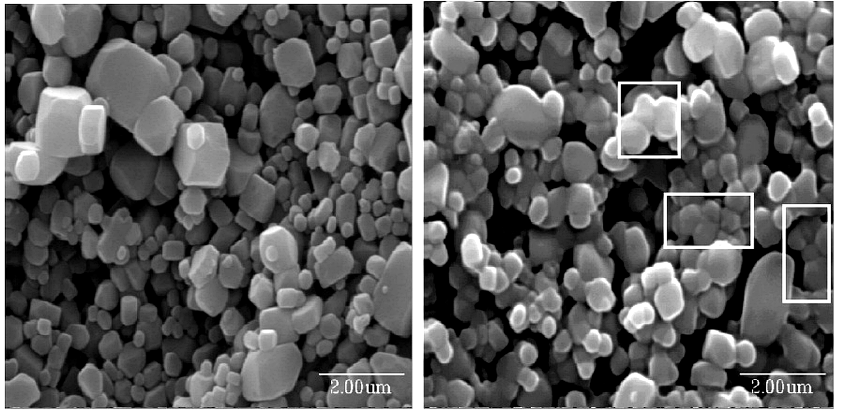 Figure 5.2. Calcium fluoride before and after CaviMax recirculation. The processed material shows rounding and necklike contacts that were interpreted as evidence of local softening