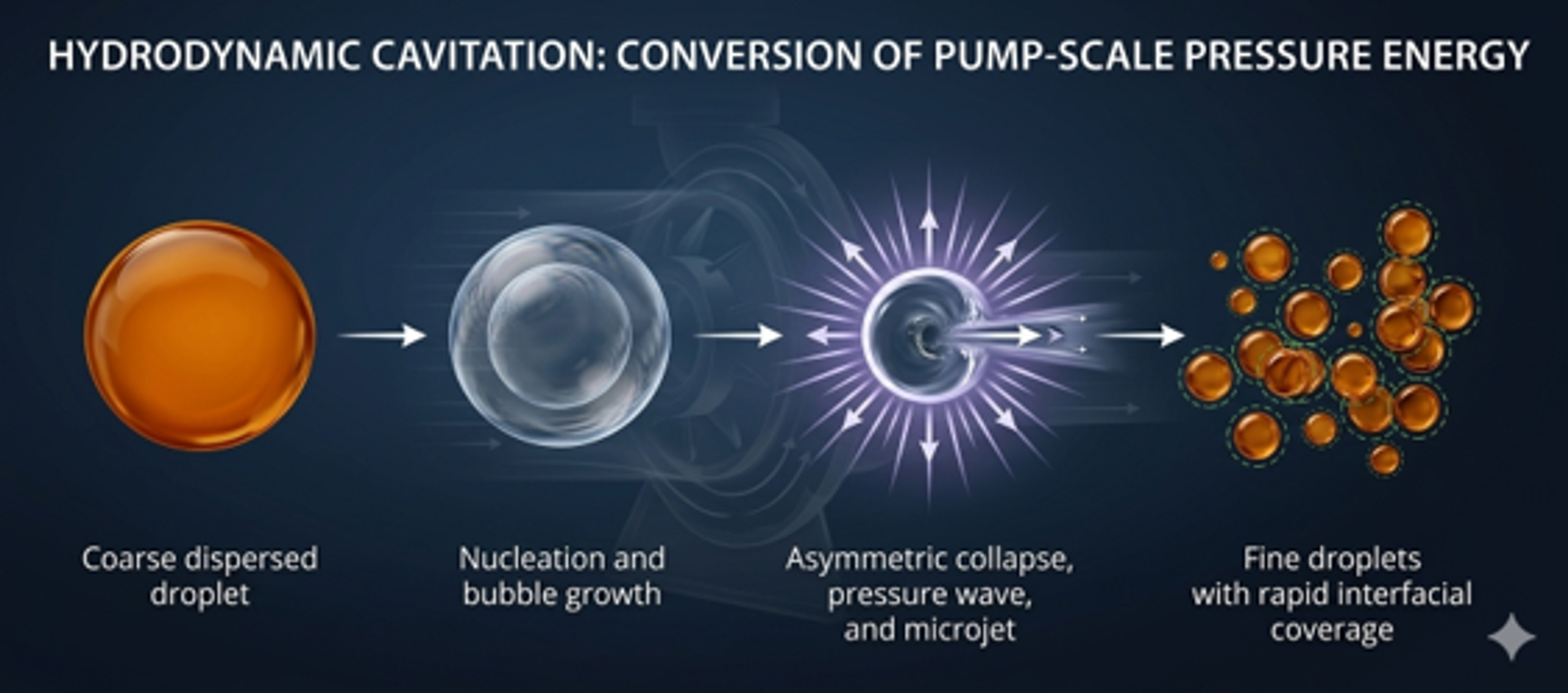 Figure 1. Conceptual sequence for cavitation assisted droplet breakup and stabilization. A coarse droplet is deformed by pressure and velocity fluctuations, fragmented near a collapse event, and then stabilized by rapid interfacial coverage