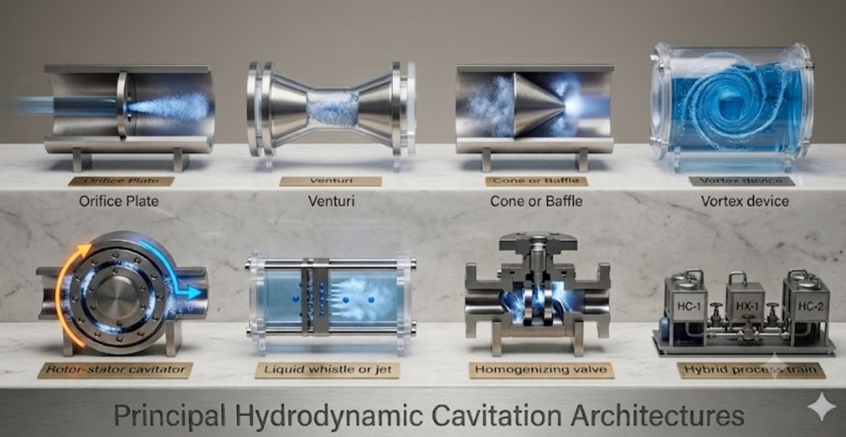 Figure 5. Principal hydrodynamic cavitation architectures used for emulsification and homogenization, including orifice, Venturi, cone or baffle, vortex, liquid whistle, and rotor stator devices