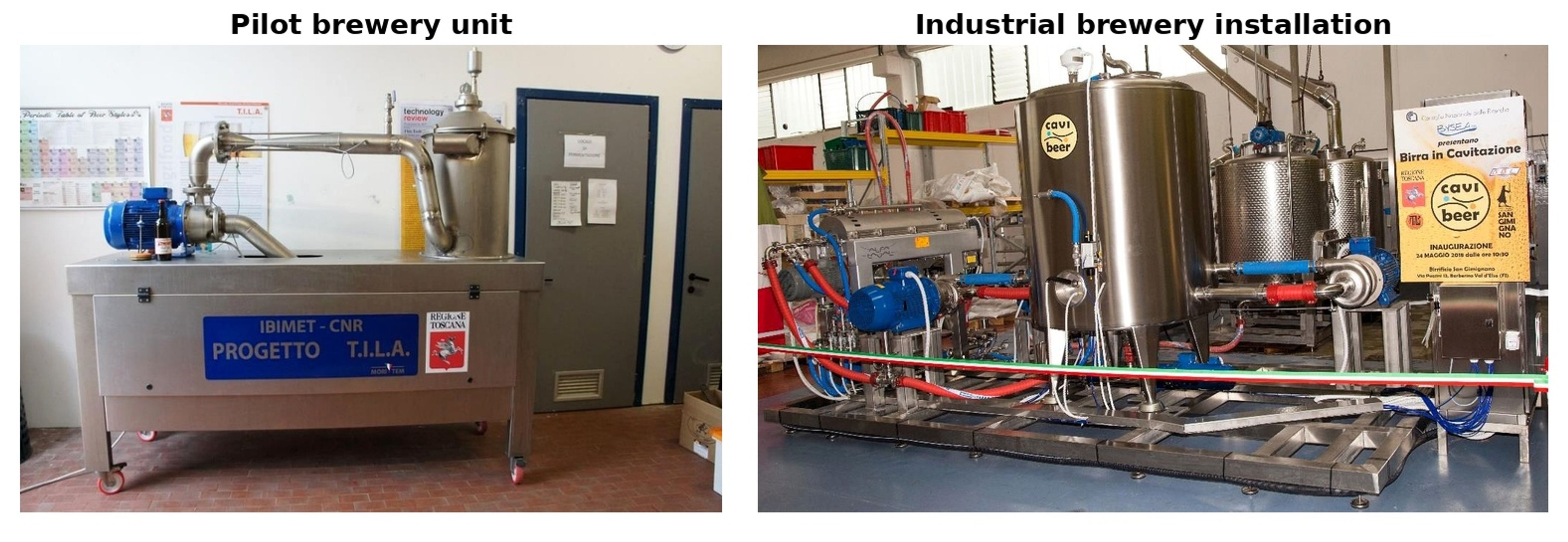 Figure 3.2. Pilot and industrial grade cavitation assisted brewing installations
