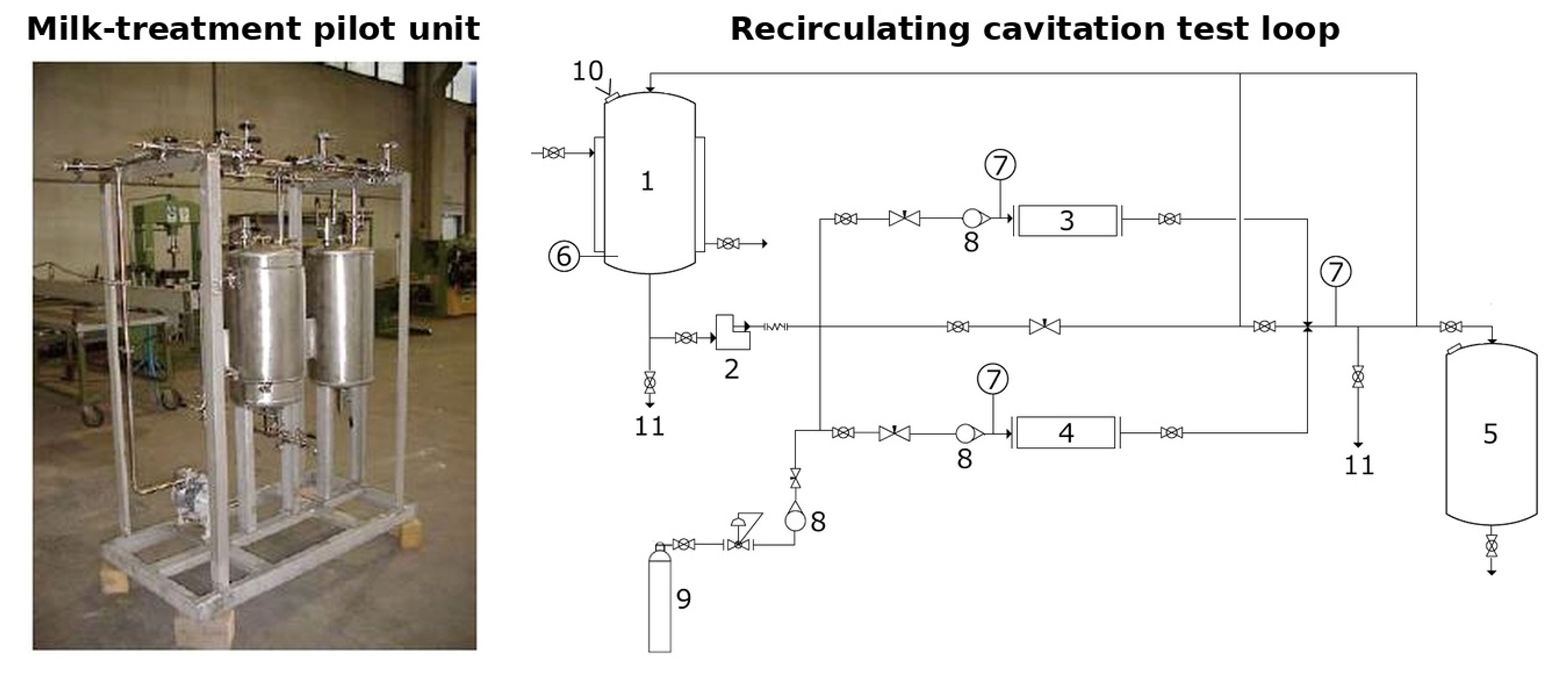 Figure 4.4. Fresh milk cavitation pilot unit and recirculating process schematic with gas injection