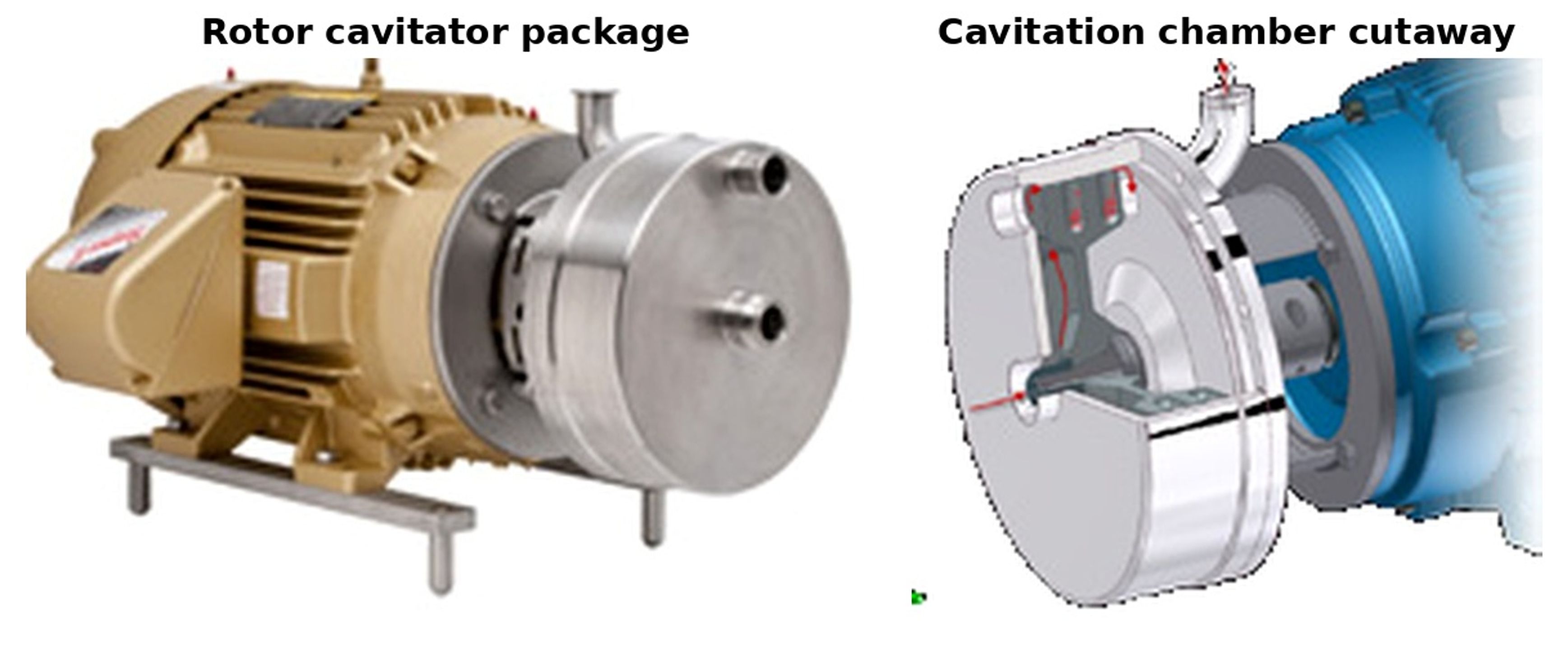 Figure 5.1. Rotor cavitator package and cutaway of the cavitation chamber used in egg processing applications