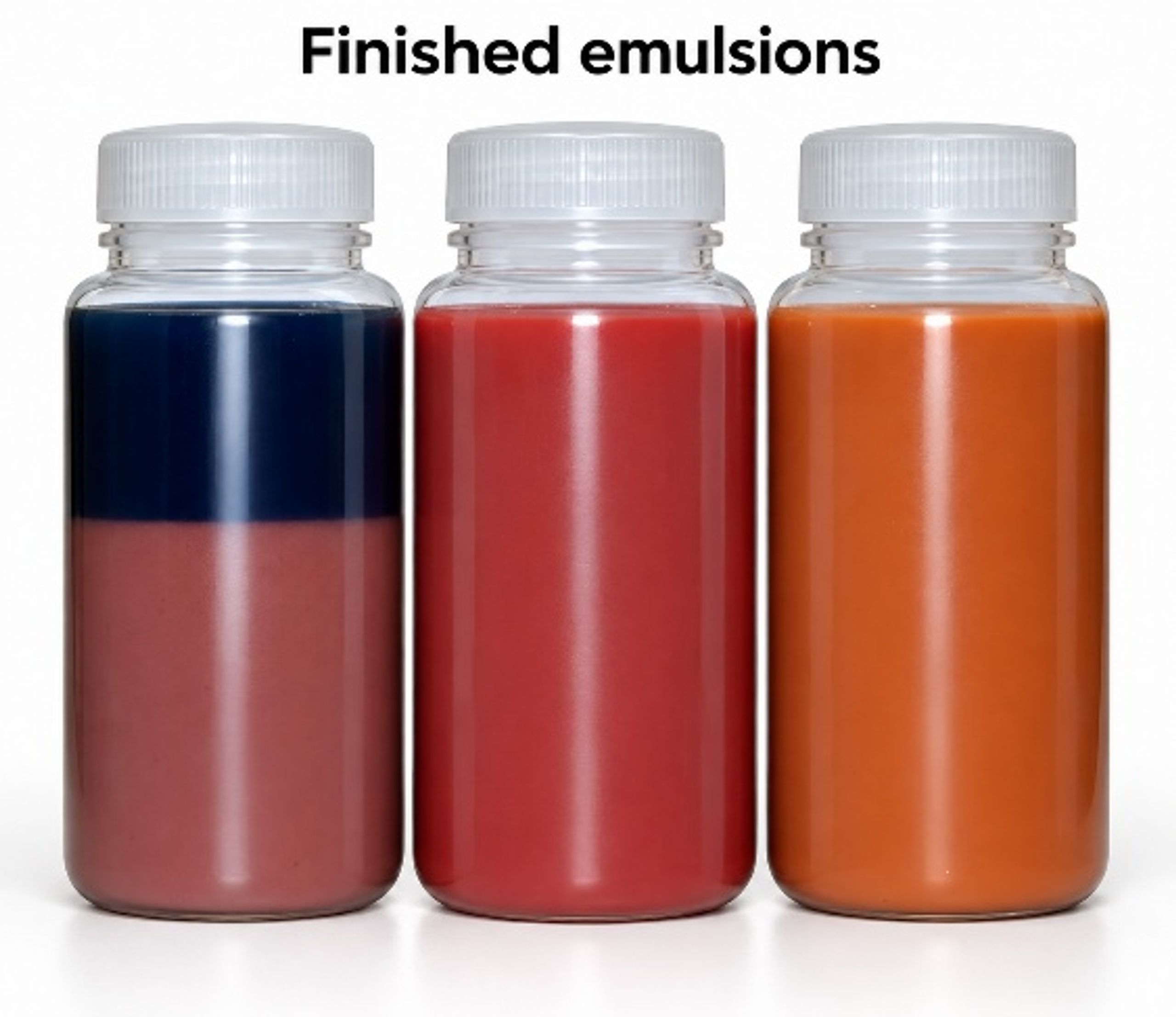 Figure 7.1. Rotor cavitator drive, cutaway of the cavitation chamber, and finished emulsion examples
