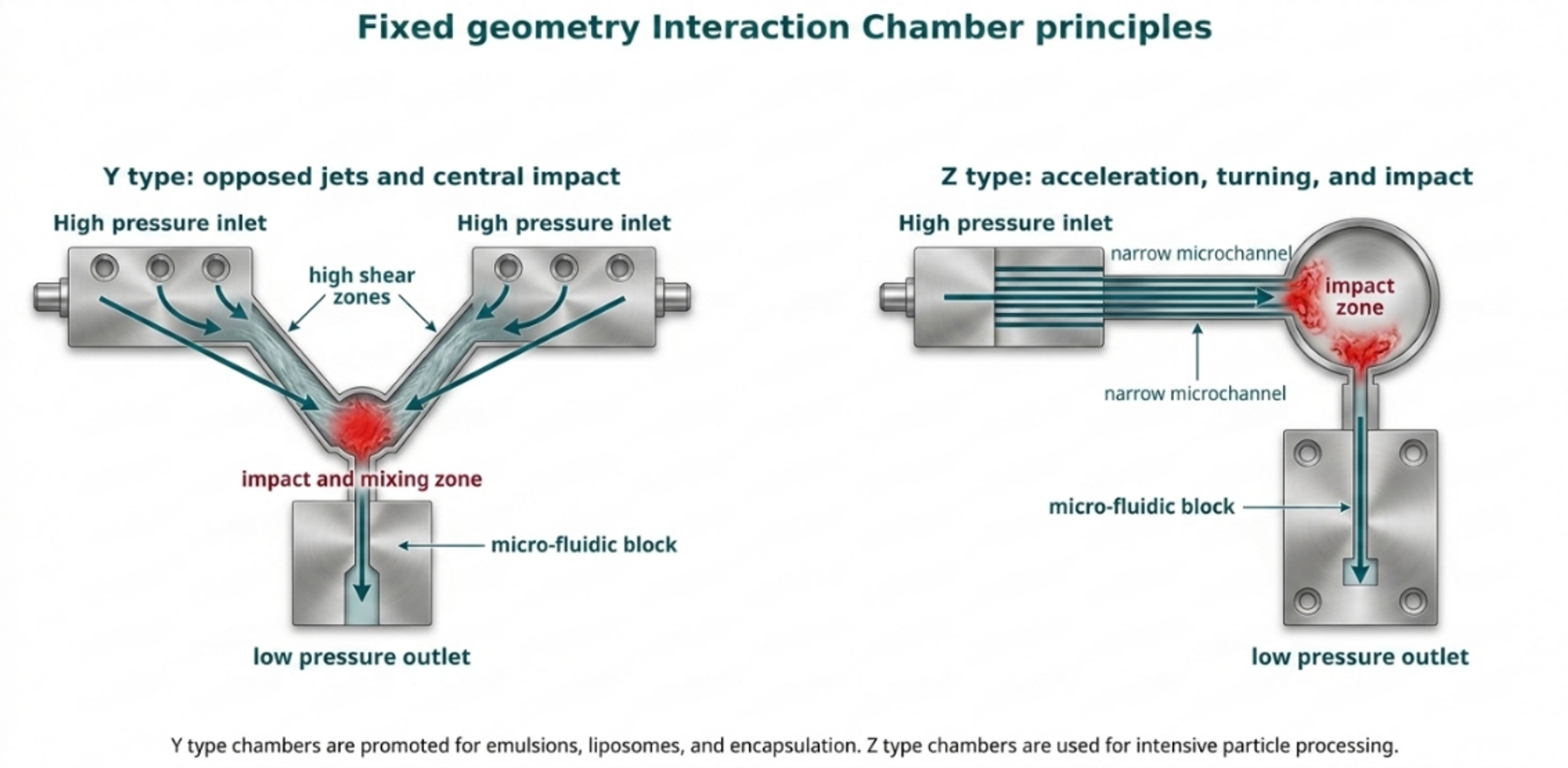 Figure 2.2. Diagram comparing Y type opposed jet and Z type acceleration and impact interaction chambers