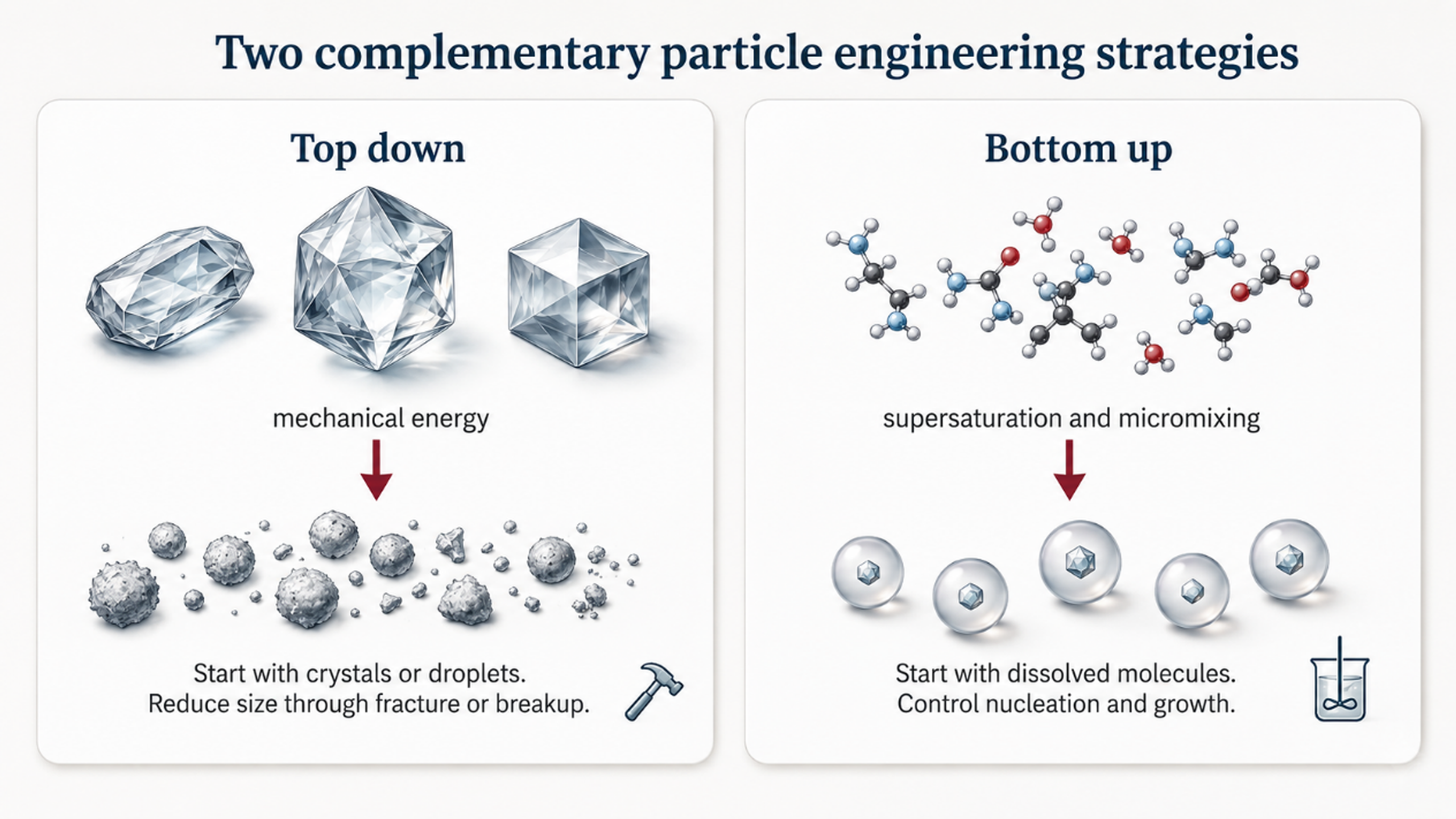 Figure 3.1. Diagram comparing top down mechanical size reduction with bottom up particle formation by supersaturation and micromixing