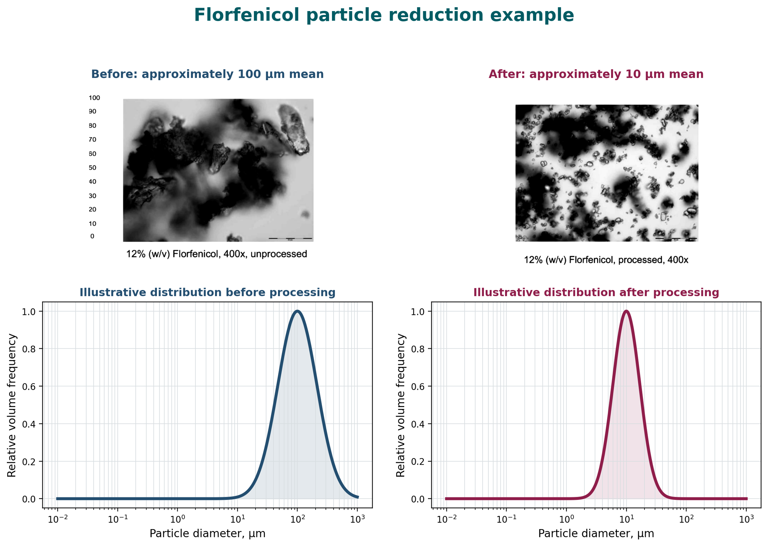 Figure 4.1. Before and after florfenicol micrographs with illustrative particle size distribution curves