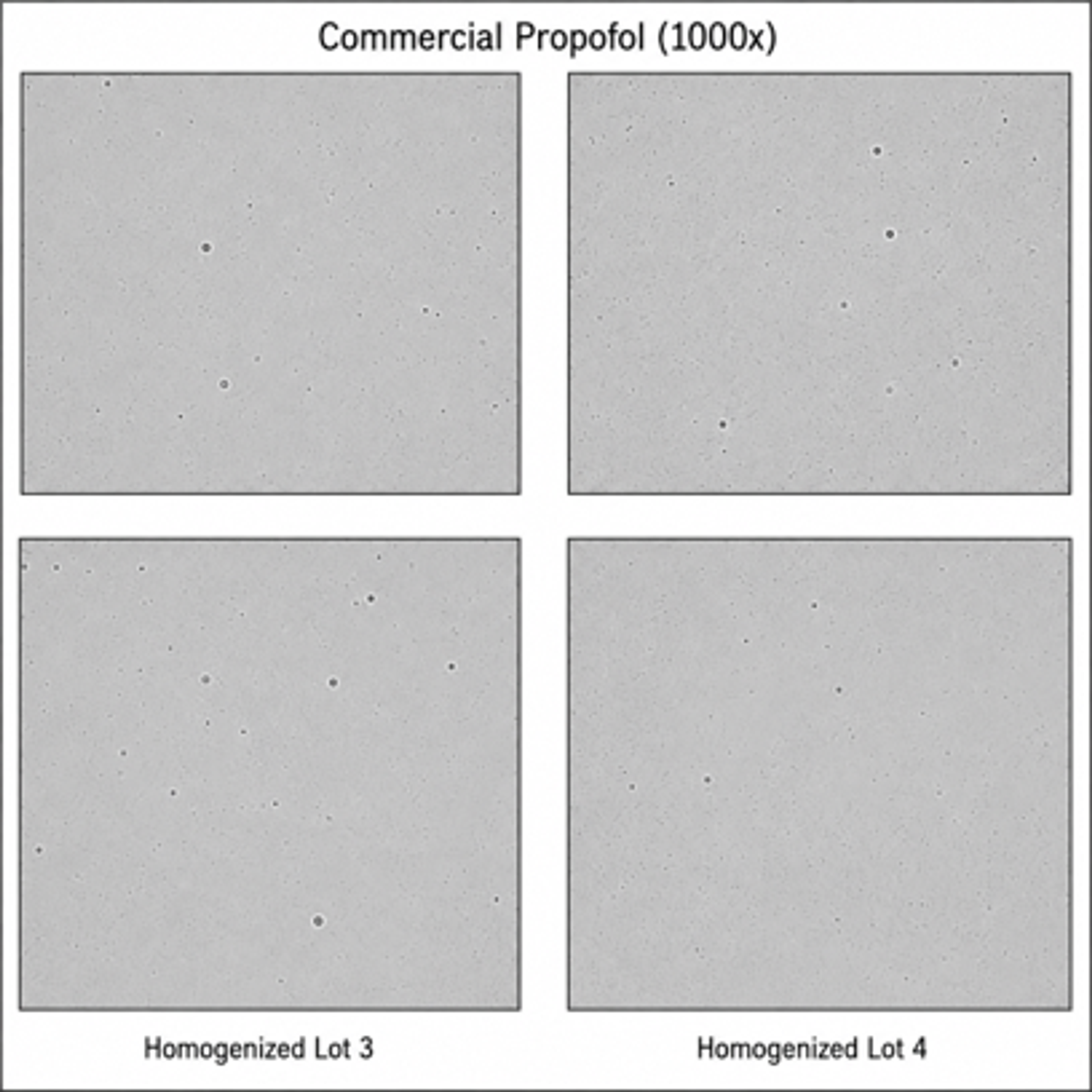 Figure 4.14. Micrographs of commercial propofol high pressure gap homogenizer lots 3 and 4