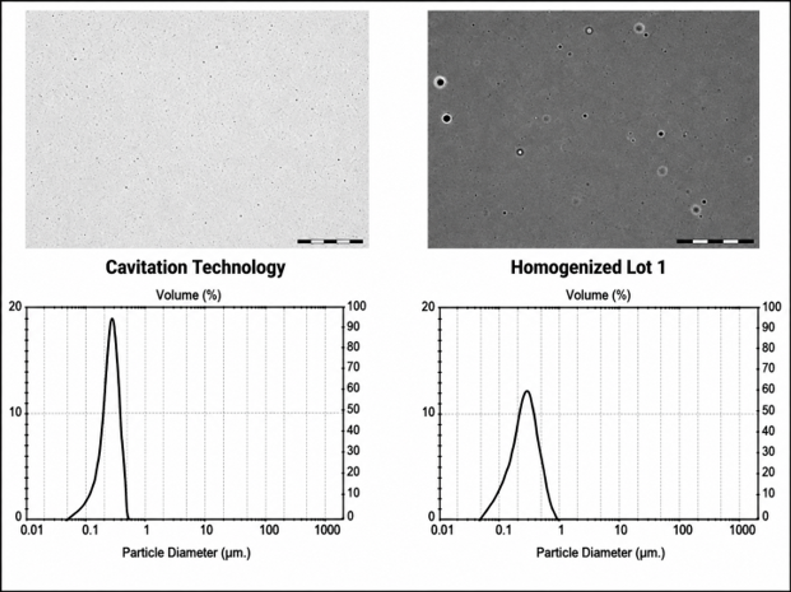 Figure 4.15. Side by side micrograph and particle size comparison between cavitation technology and a gap homogenized lot