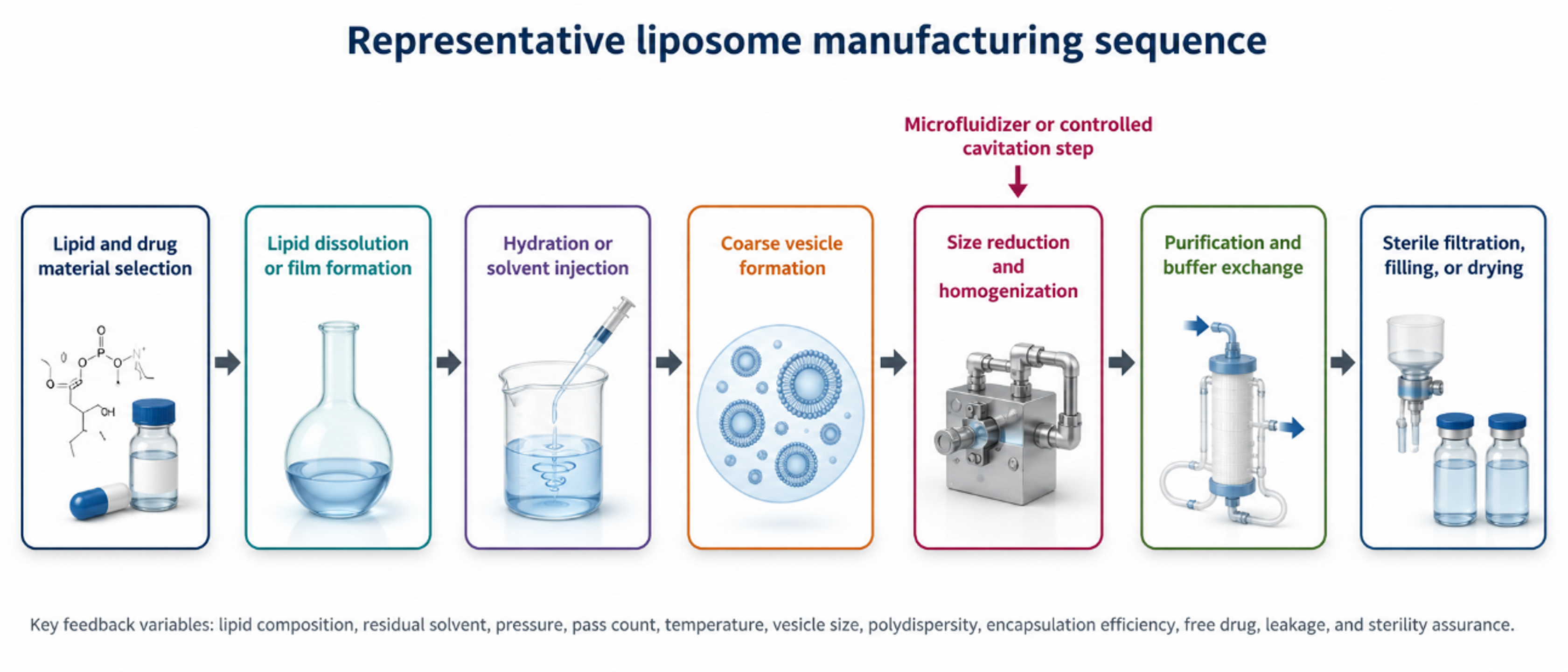Figure 6.2. Workflow diagram for liposome manufacturing from lipid selection through size reduction, purification, sterile filtration, filling, or drying