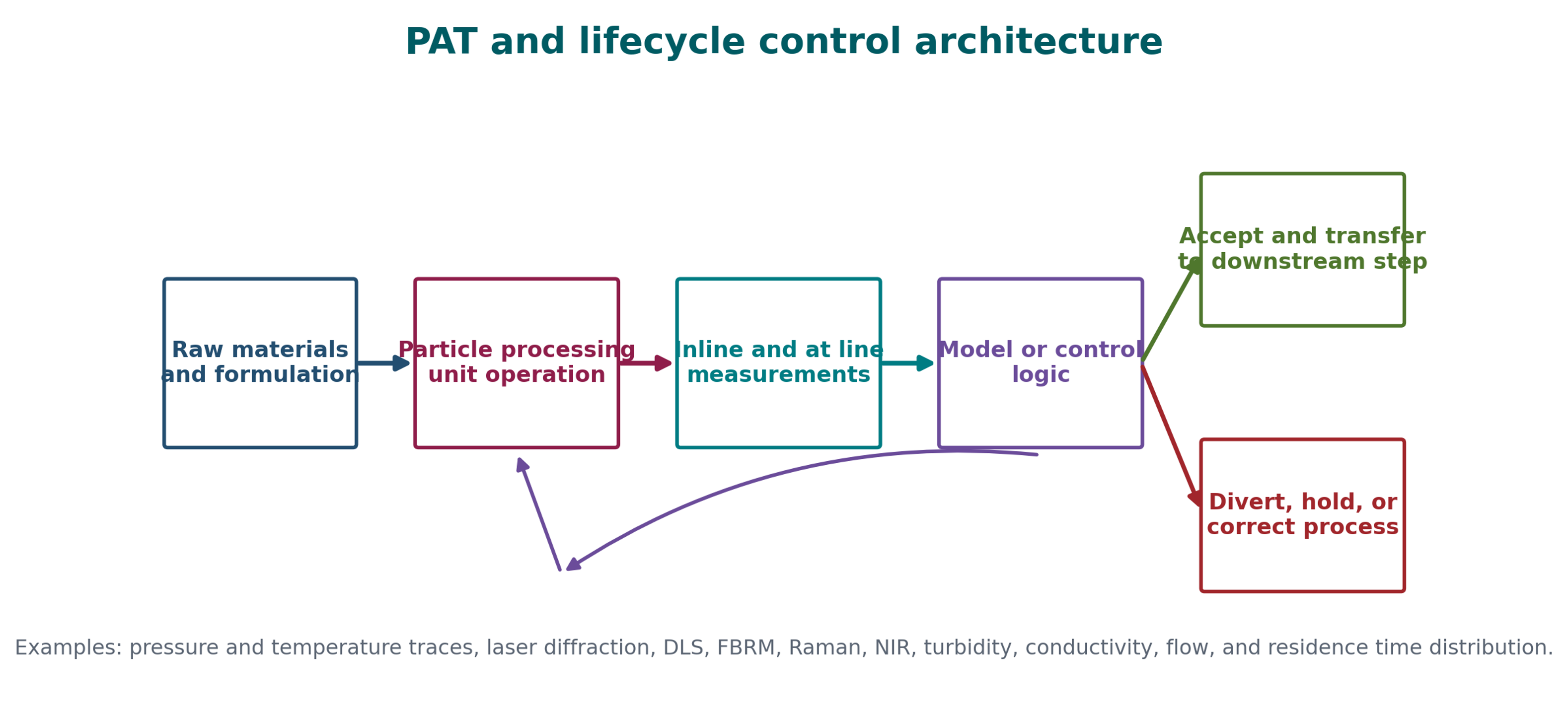 Figure 8.2. Control loop diagram connecting raw materials, particle processing, inline measurements, control logic, product acceptance, and diversion