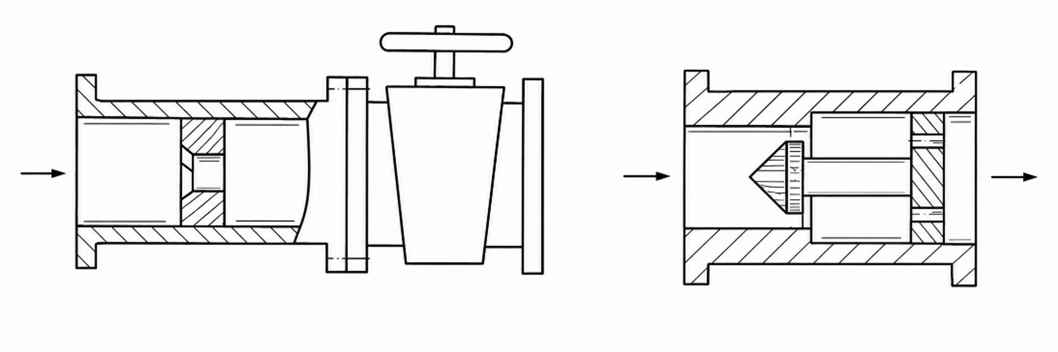 Figure 11. Two chamber cavitation jet arrangements with downstream pressure control and alternative cylindrical or annular restrictions