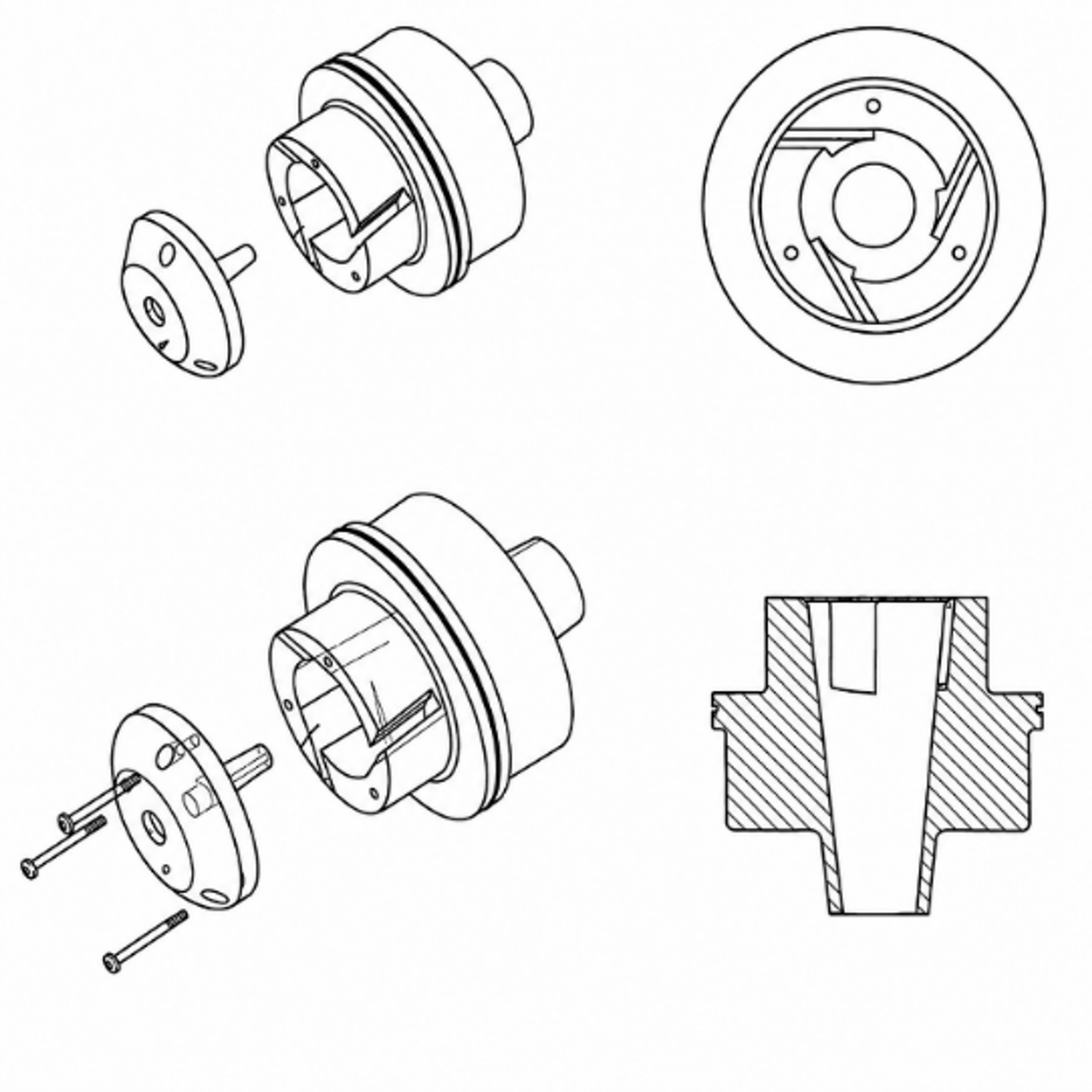 Figure 13. Exploded, end, and sectional views of a tangential vortex nozzle used in an opposed nozzle treatment chamber