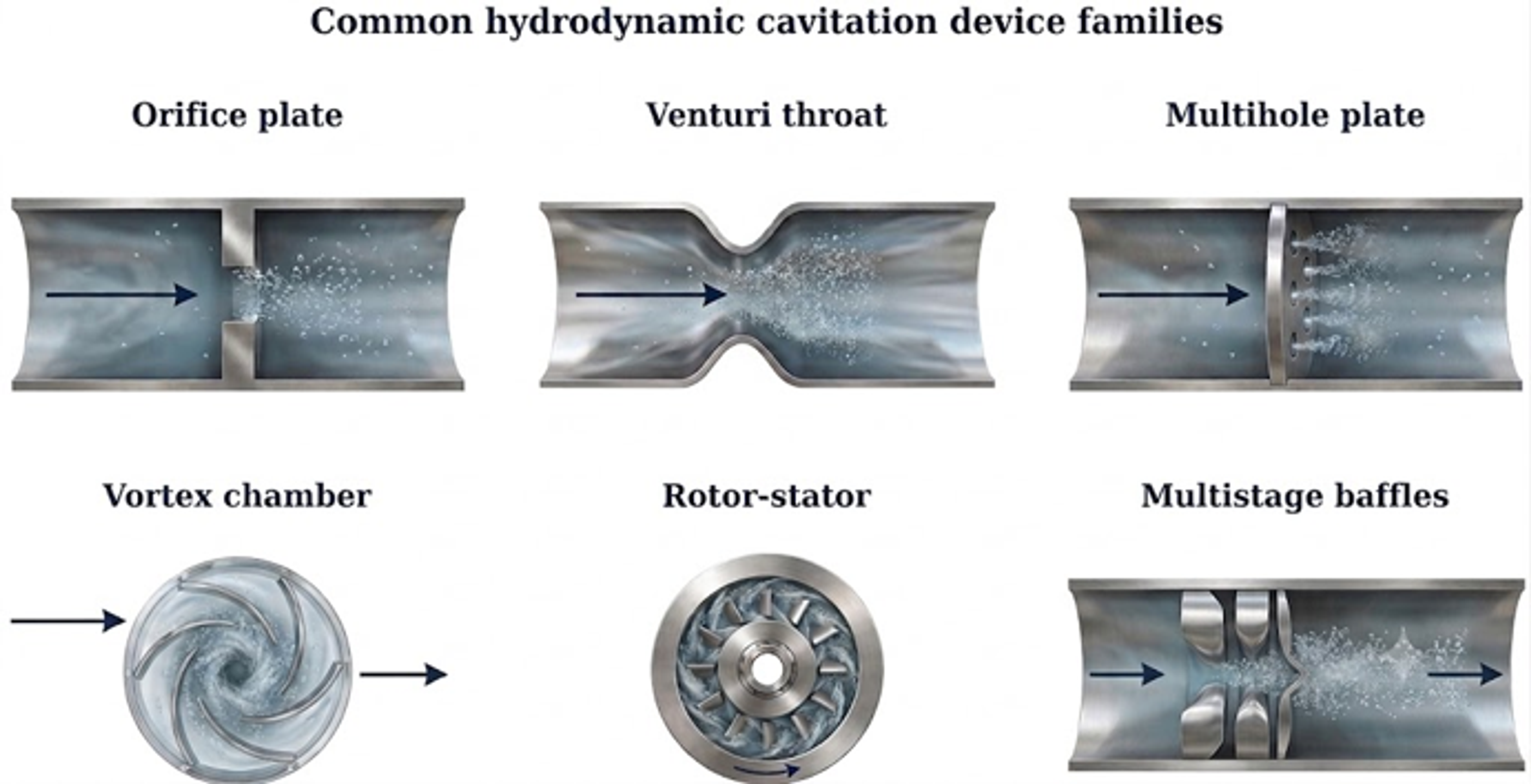 Figure 2.2. Common hydrodynamic cavitation device families: single orifice, Venturi throat, multihole plate, vortex chamber, rotor-stator, and multistage baffles