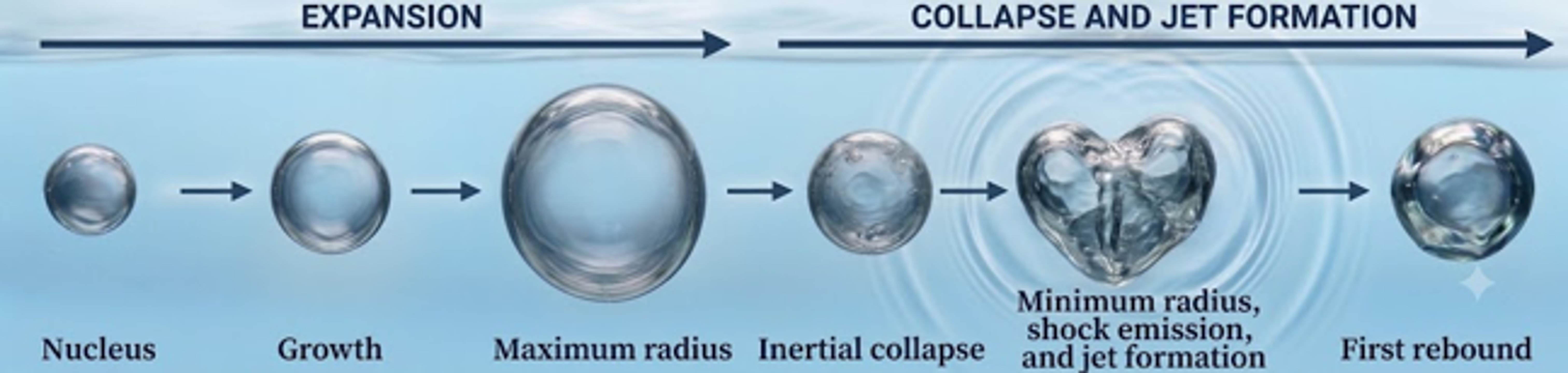 Figure 1. Idealized life cycle of an isolated cavitation bubble